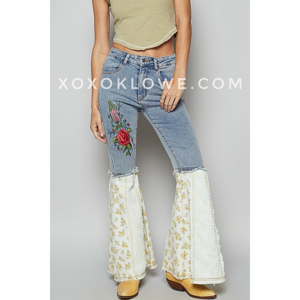 POL Floral Embroidered Patchwork Denim Flare Jeans | Light Wash